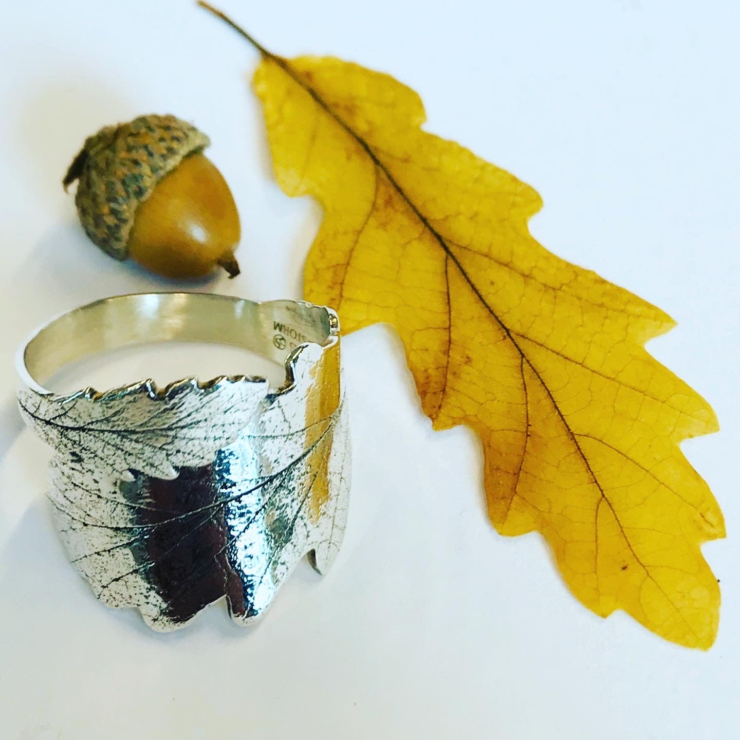 Eikeløv, sølvring med to blader